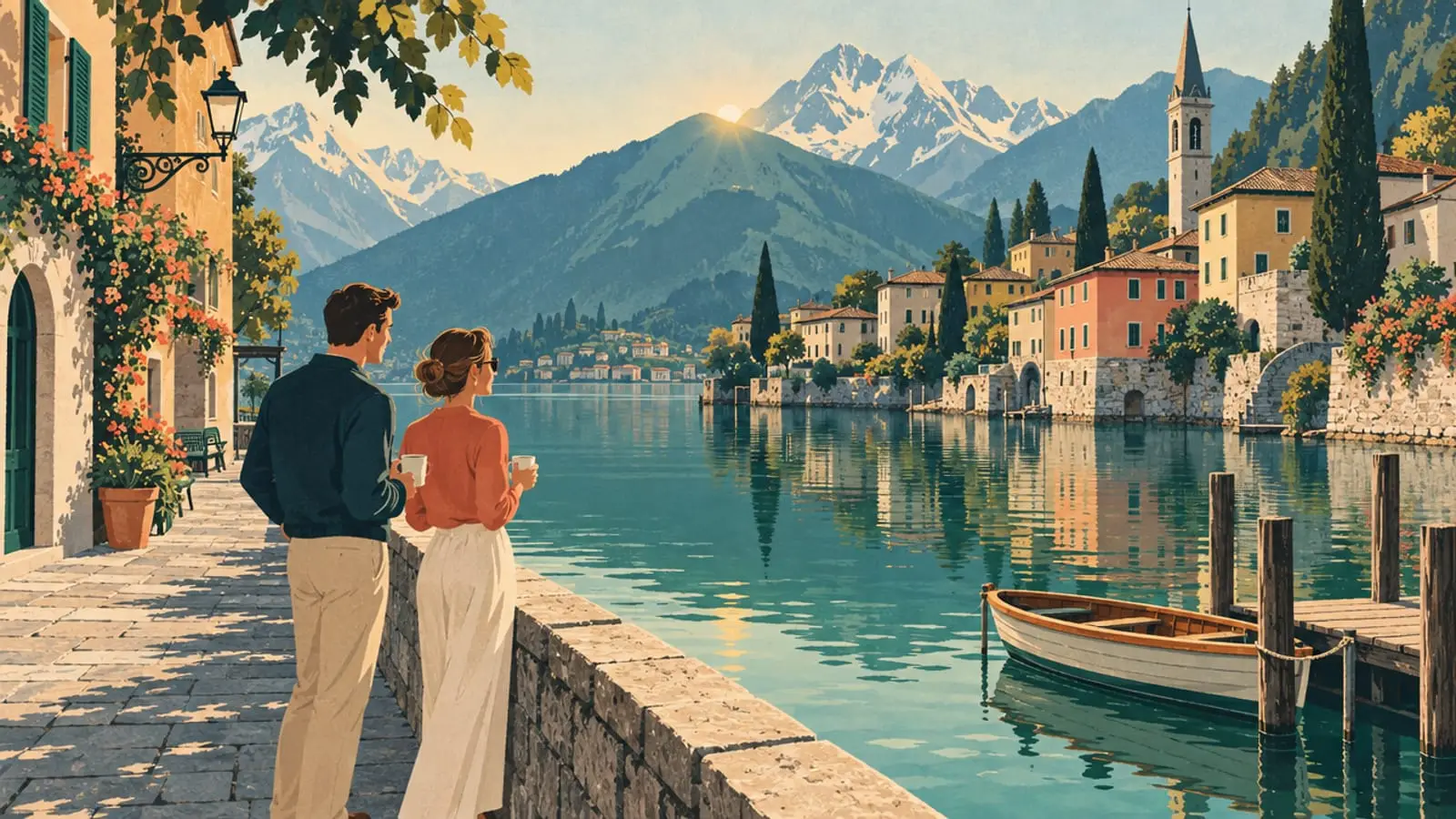 Illustration : un couple café à la main sur un quai désert au lever du jour, une barque amarrée au bord du lac.
