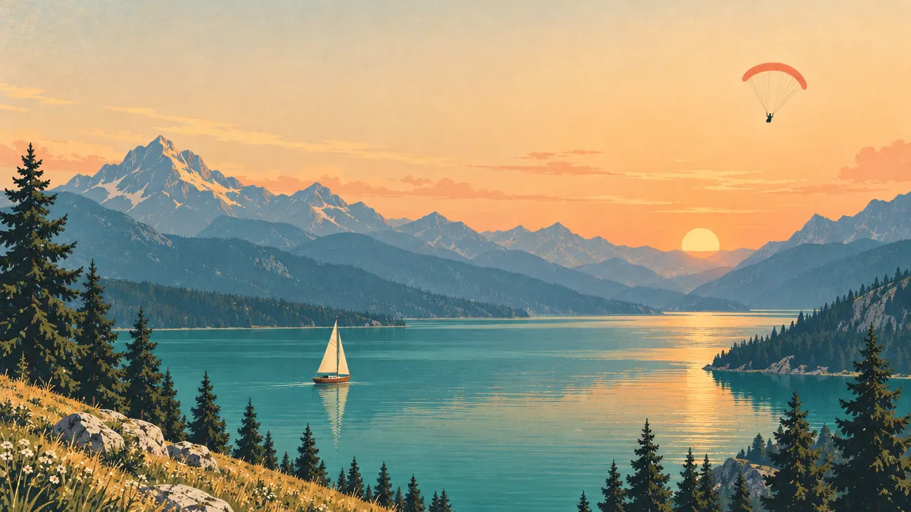 Illustration : un lac alpin au coucher du soleil, un voilier et un parapente
