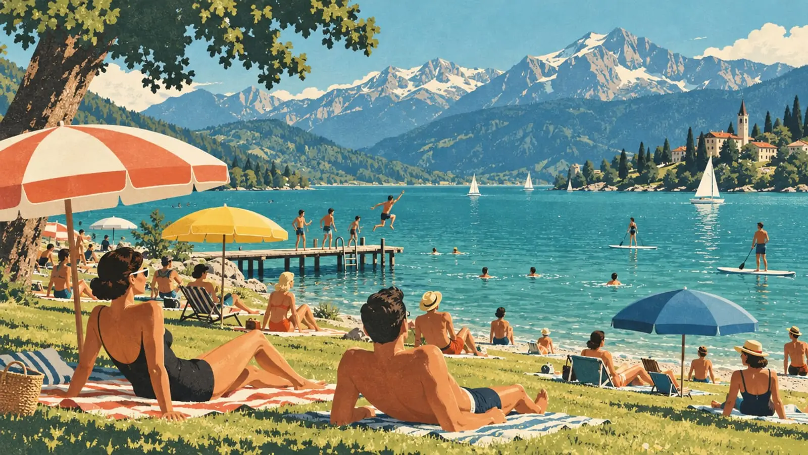 Illustration : une pelouse bondée au bord du lac en plein été, parasols, baigneurs et paddles dans l’eau turquoise.