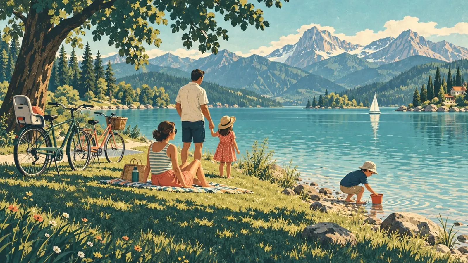 Illustration : une famille sur une pelouse en pente douce au bord du lac, un enfant qui joue au bord de l’eau, des vélos derrière.