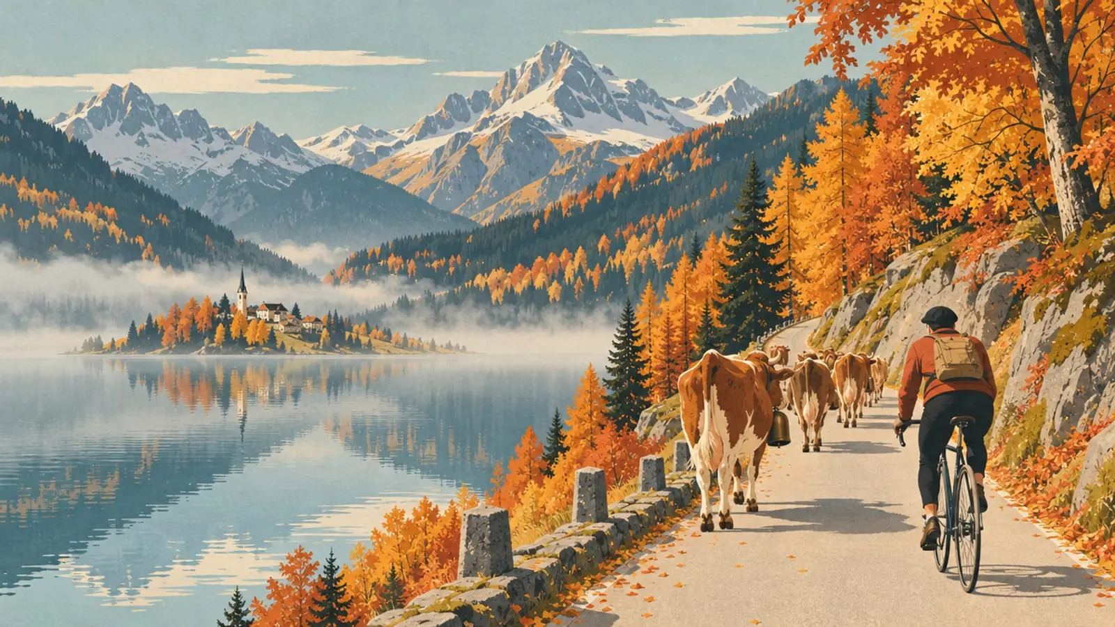 Illustration : montagnes aux couleurs d’automne, brume sur le lac, un cycliste et un troupeau de vaches sur la route.