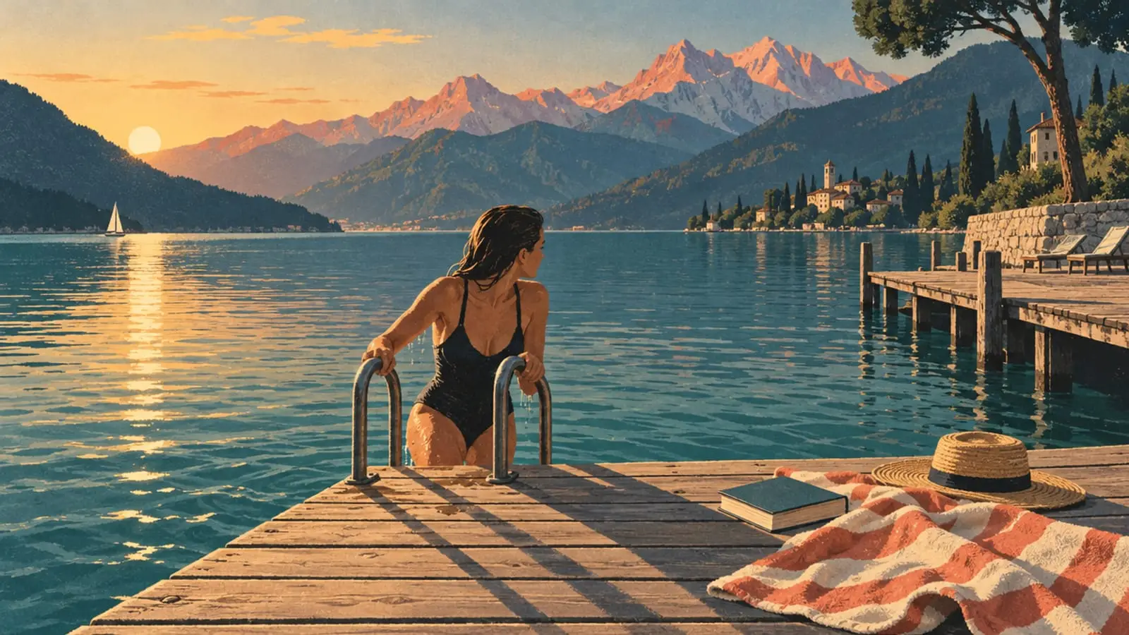 Illustration : une baigneuse remonte sur un ponton en bois dans la lumière dorée d’un soir de septembre.
