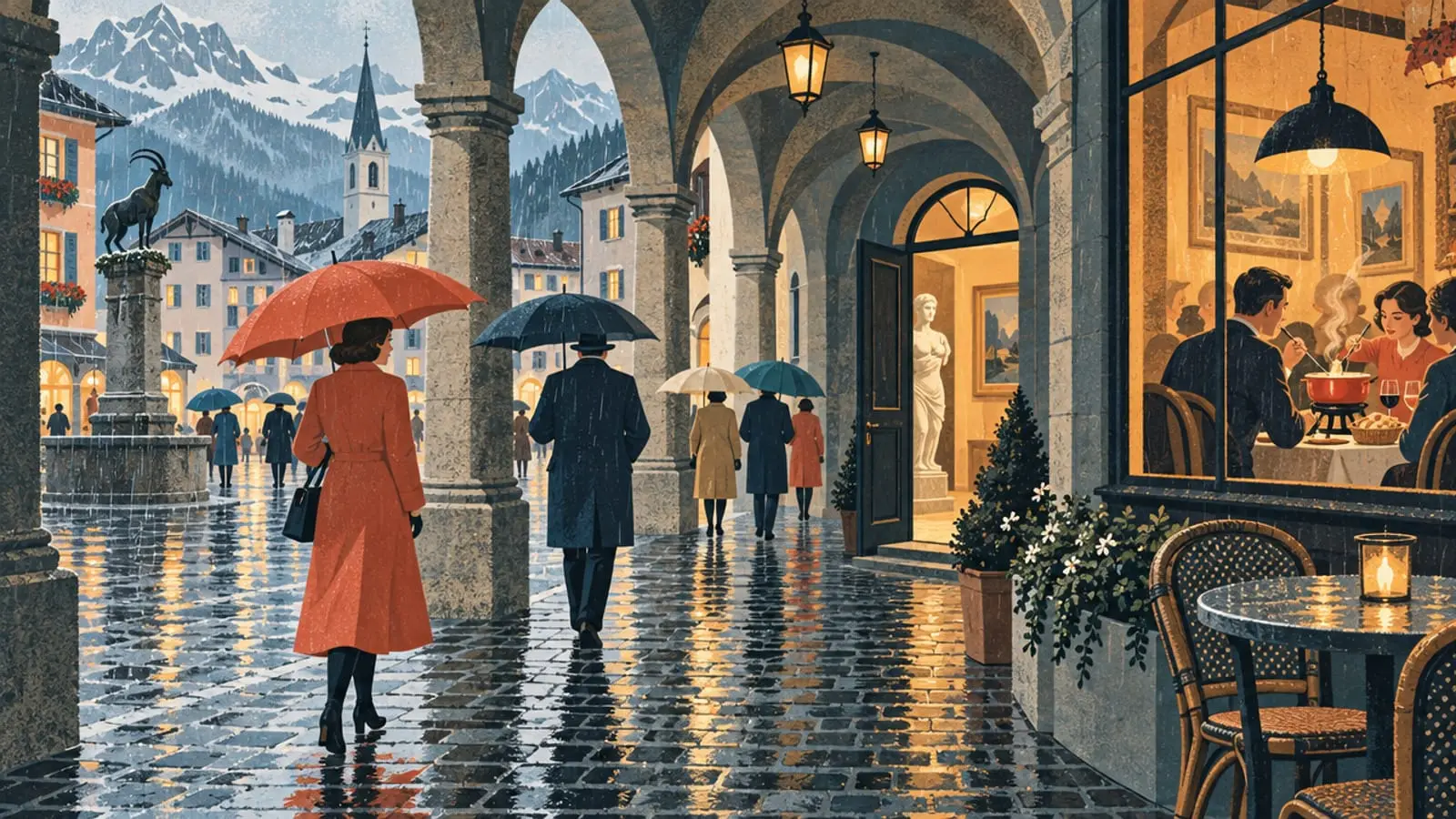 Illustration : passants sous des parapluies le long d’arcades de pierre, un café éclairé avec un caquelon de fondue.
