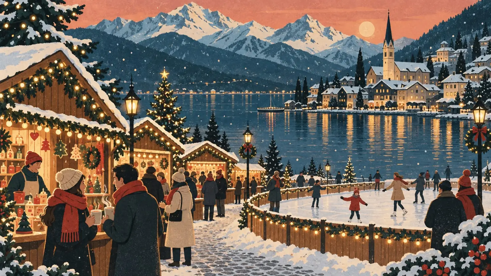 Illustration : chalets de marché de Noël illuminés, patinoire et montagnes enneigées au crépuscule.