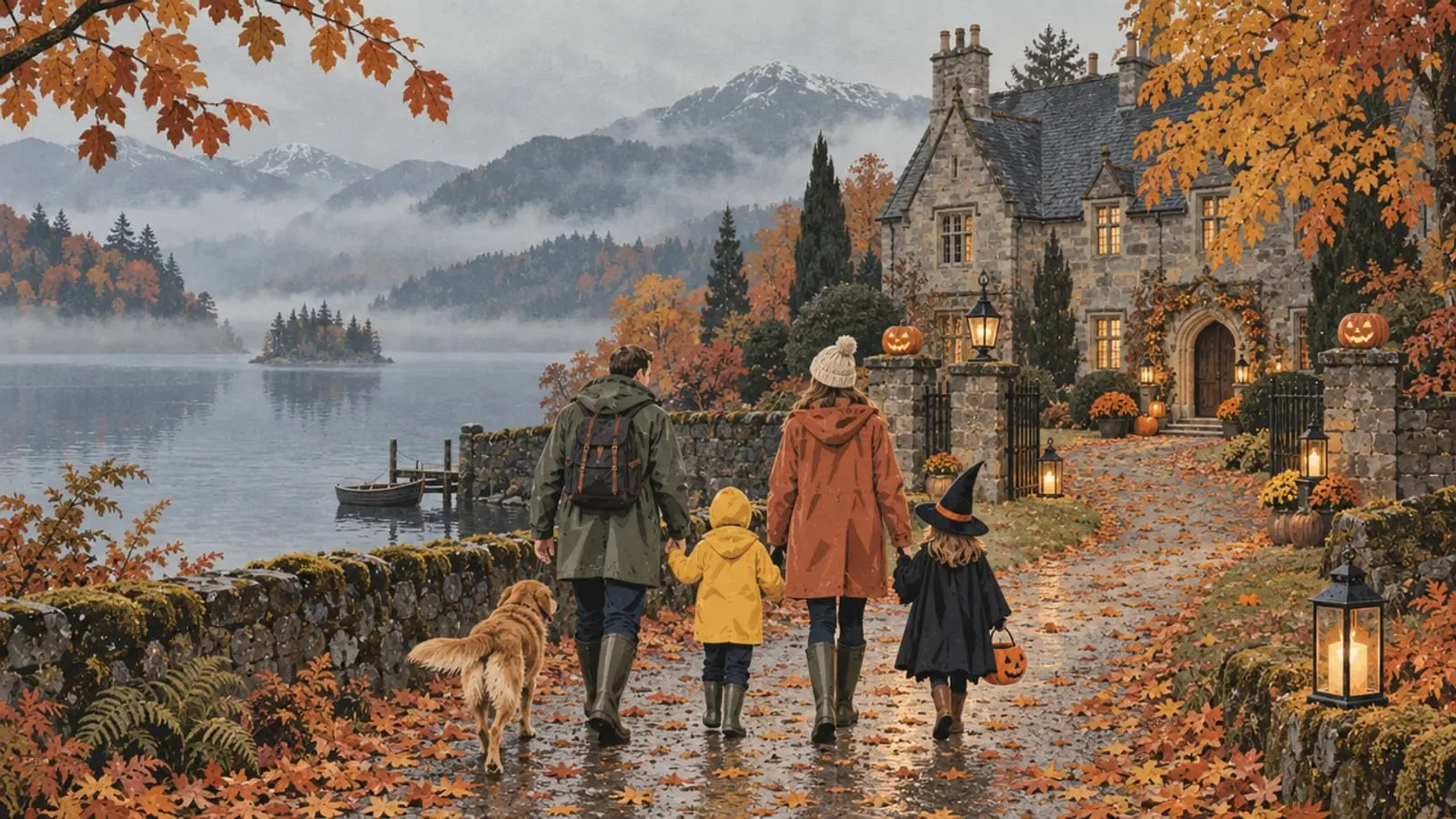 Illustration : une famille en imperméables marche vers un vieux manoir orné de citrouilles, sous la brume d’octobre.