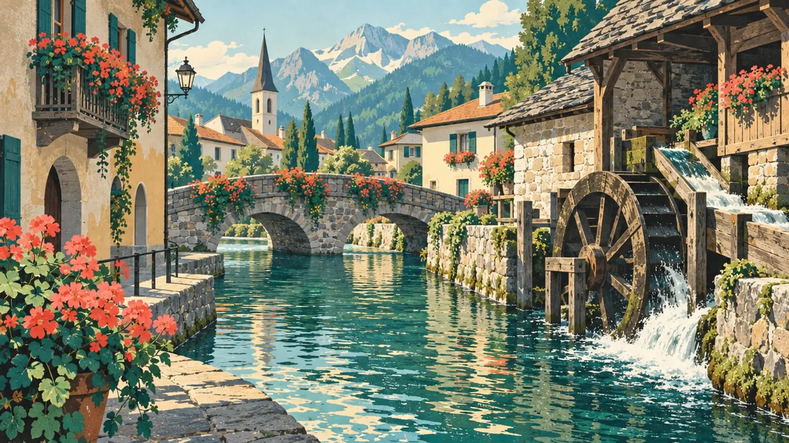 Illustration : un canal bordé de ponts fleuris et une roue à aubes de moulin qui tourne dans le courant.