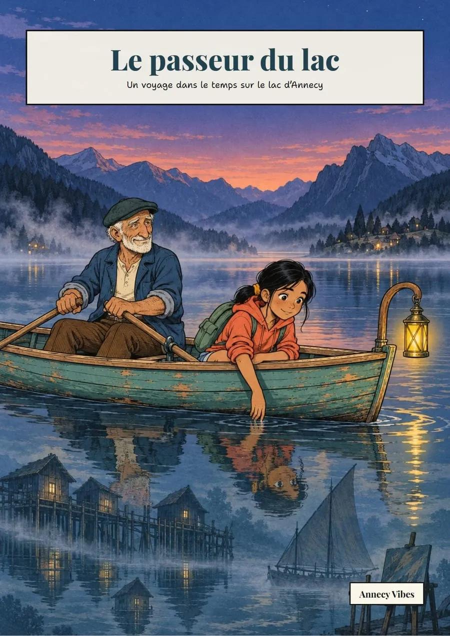 Couverture de l’album « Le passeur du lac » : une ado et un vieux passeur dans une barque à lanterne, au crépuscule (illustration)