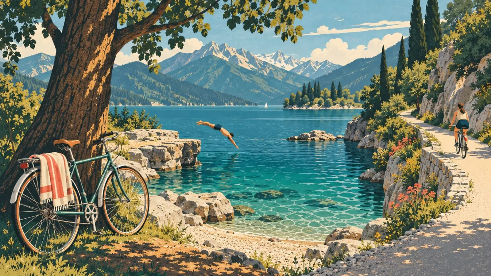 Illustration : un vélo appuyé contre un arbre au-dessus d’une crique de galets, un baigneur plonge depuis les rochers.
