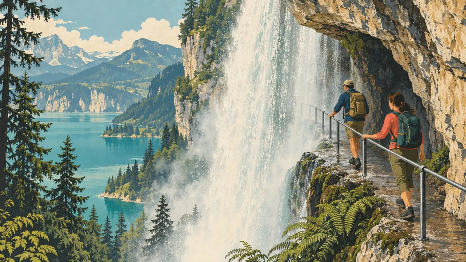 Illustration : deux randonneurs tiennent la main courante d’un sentier taillé dans la falaise, derrière une cascade.