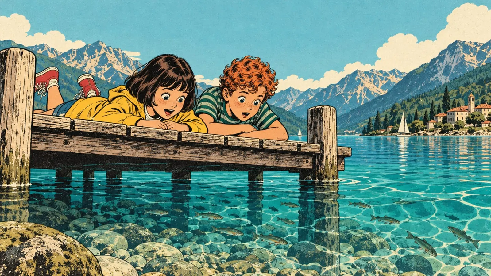 Illustration : Lou et Malo, allongés au bout d’un ponton, regardent les cailloux au fond d’une eau limpide.