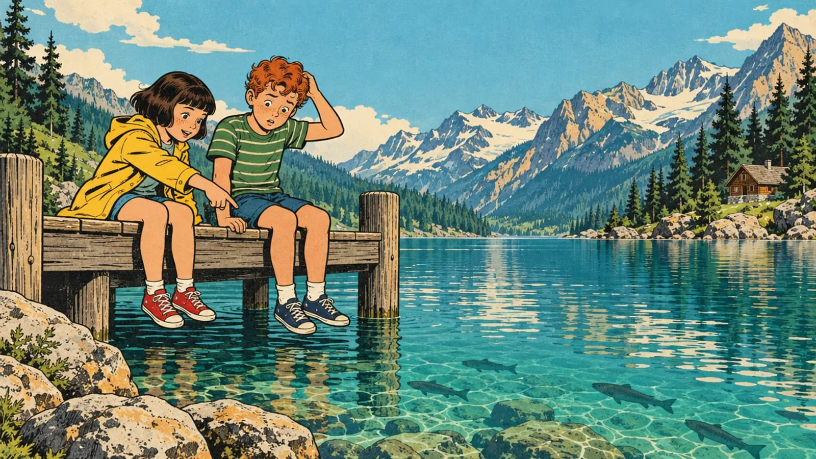 Illustration : Lou, en ciré jaune, et Malo, aux cheveux roux, assis sur un ponton au bord d’un lac turquoise.