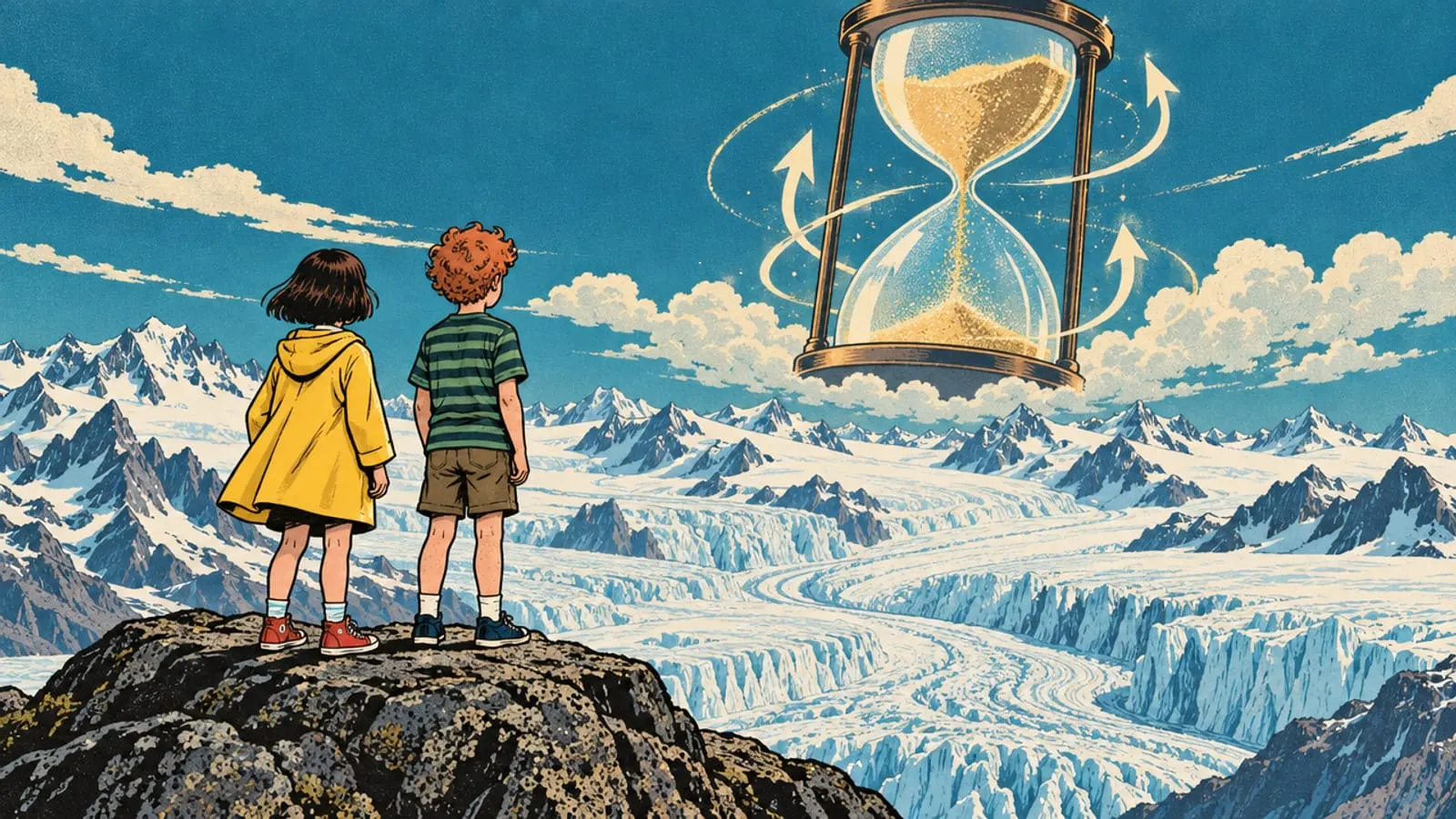 Illustration : Lou et Malo regardent un sablier géant dont le sable remonte, au-dessus des Alpes couvertes de glace.