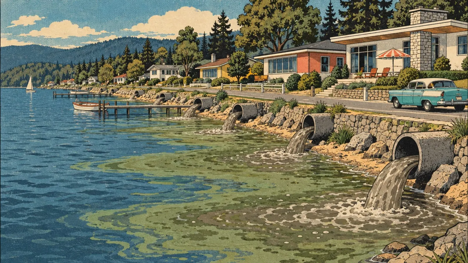 Illustration : dans les années 1950, des tuyaux rejettent des eaux sales dans le lac devant des maisons.