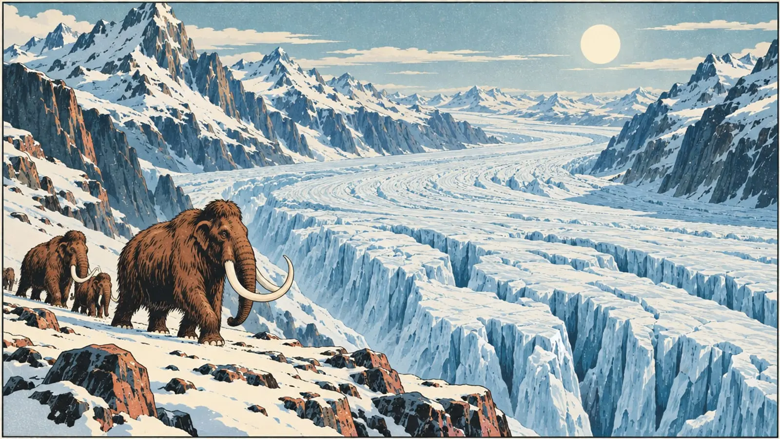 Illustration : un glacier géant remplit une vallée des Alpes, des mammouths marchent sur le bord.