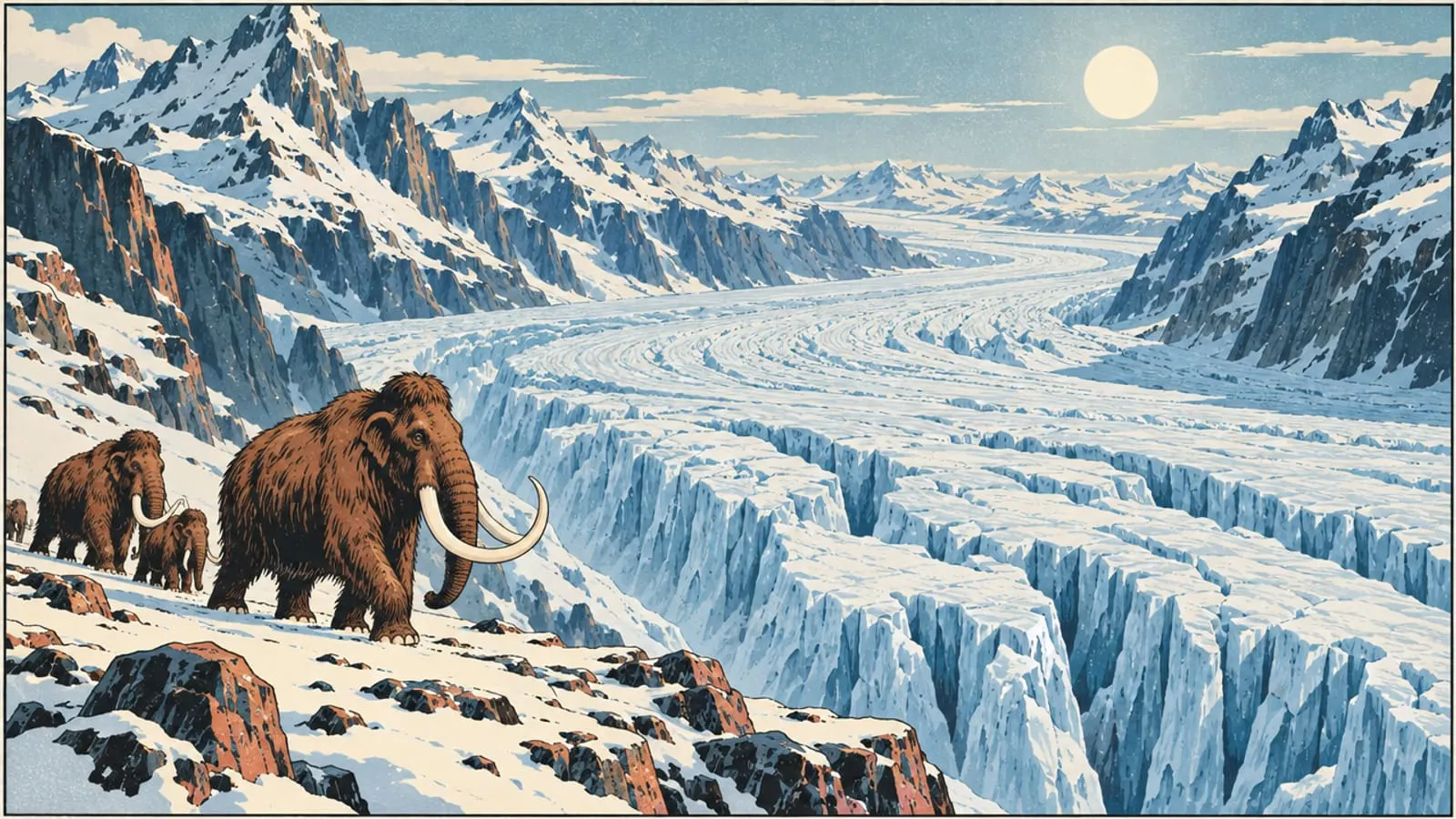 Illustration : un glacier immense remplit toute une vallée, des mammouths marchent sur le bord.