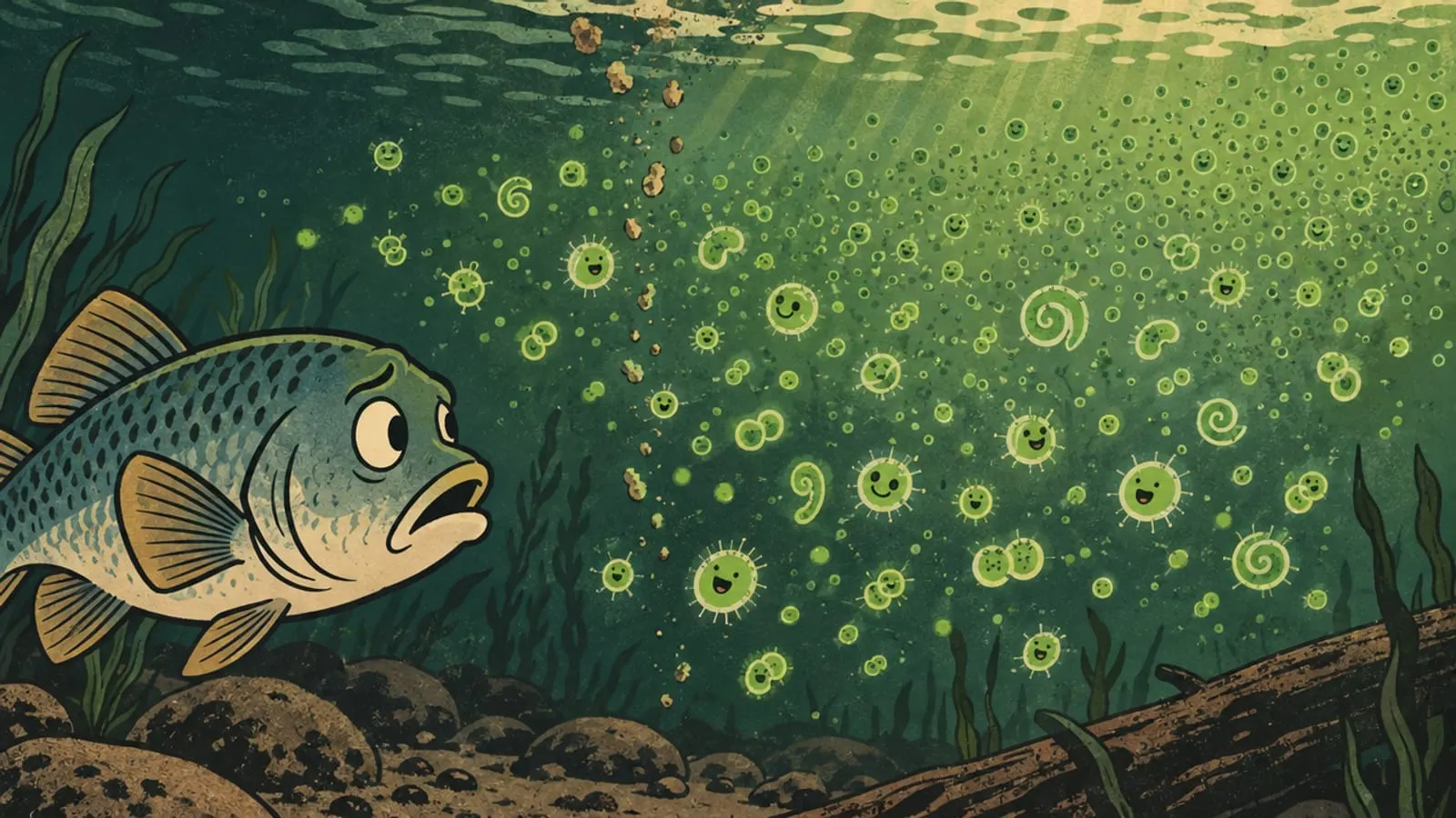 Illustration : sous l’eau verte et trouble, des algues minuscules se multiplient devant un poisson inquiet.