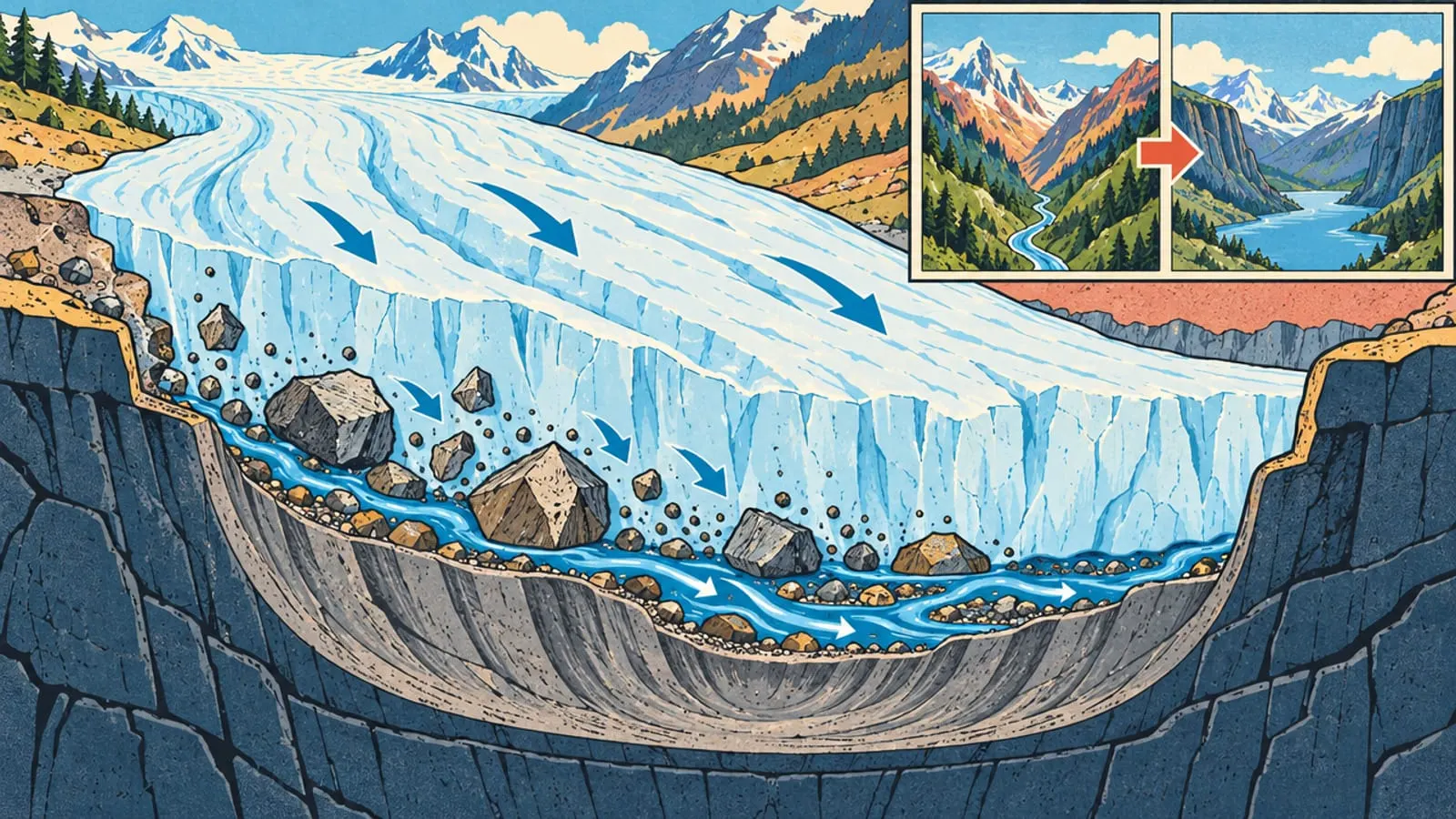 Illustration : vue en coupe d’un glacier qui traîne des rochers et creuse le fond de la vallée, de l’eau coule dessous.