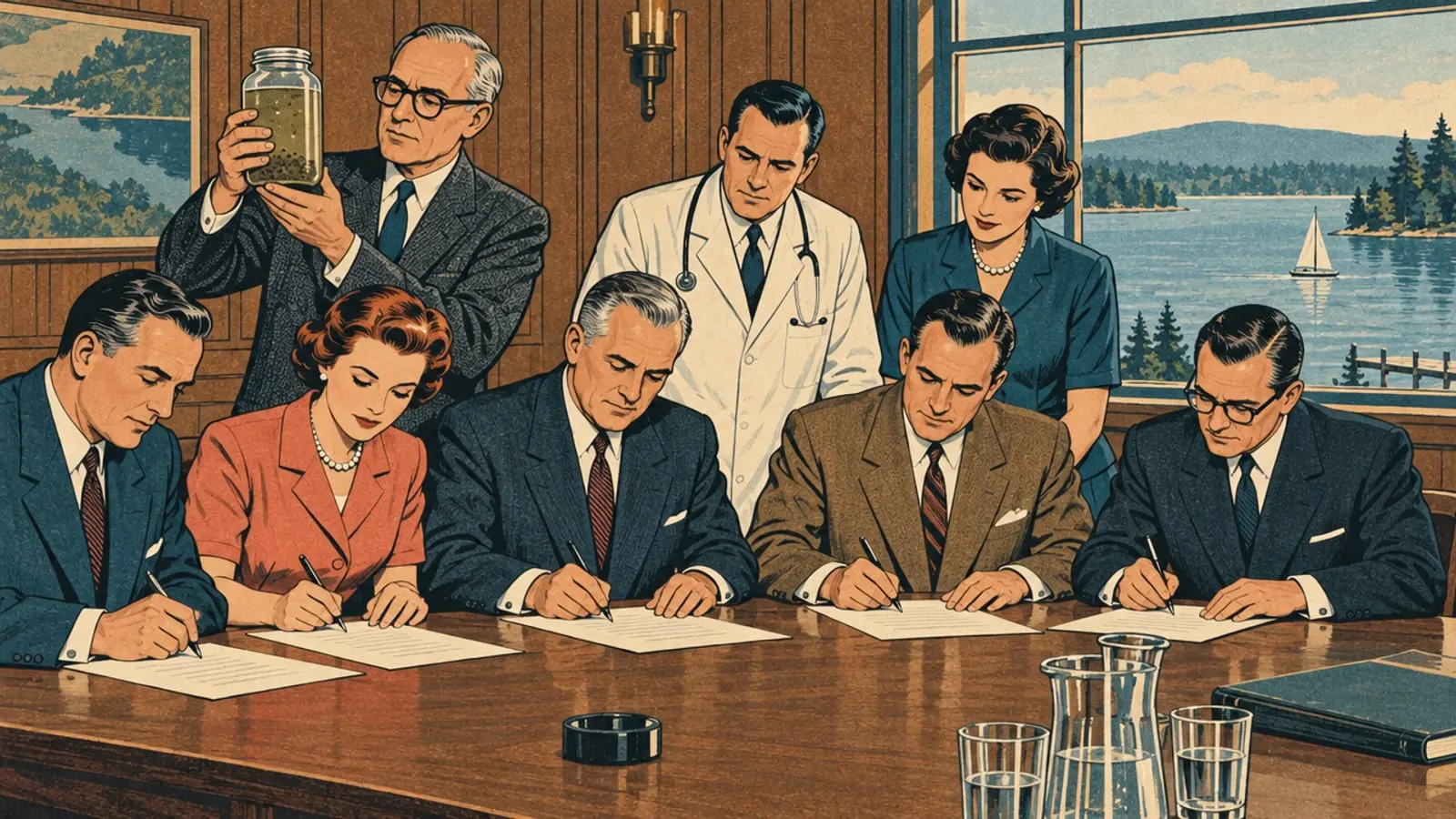 Illustration : en 1957, autour d’une table, des élus signent ensemble, un professeur montre un bocal d’eau du lac.