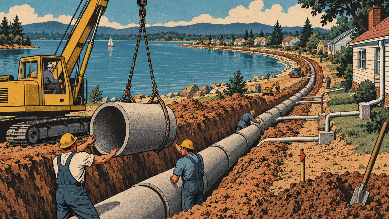Illustration : des ouvriers des années 1960 posent de gros tuyaux dans une tranchée qui longe un lac.