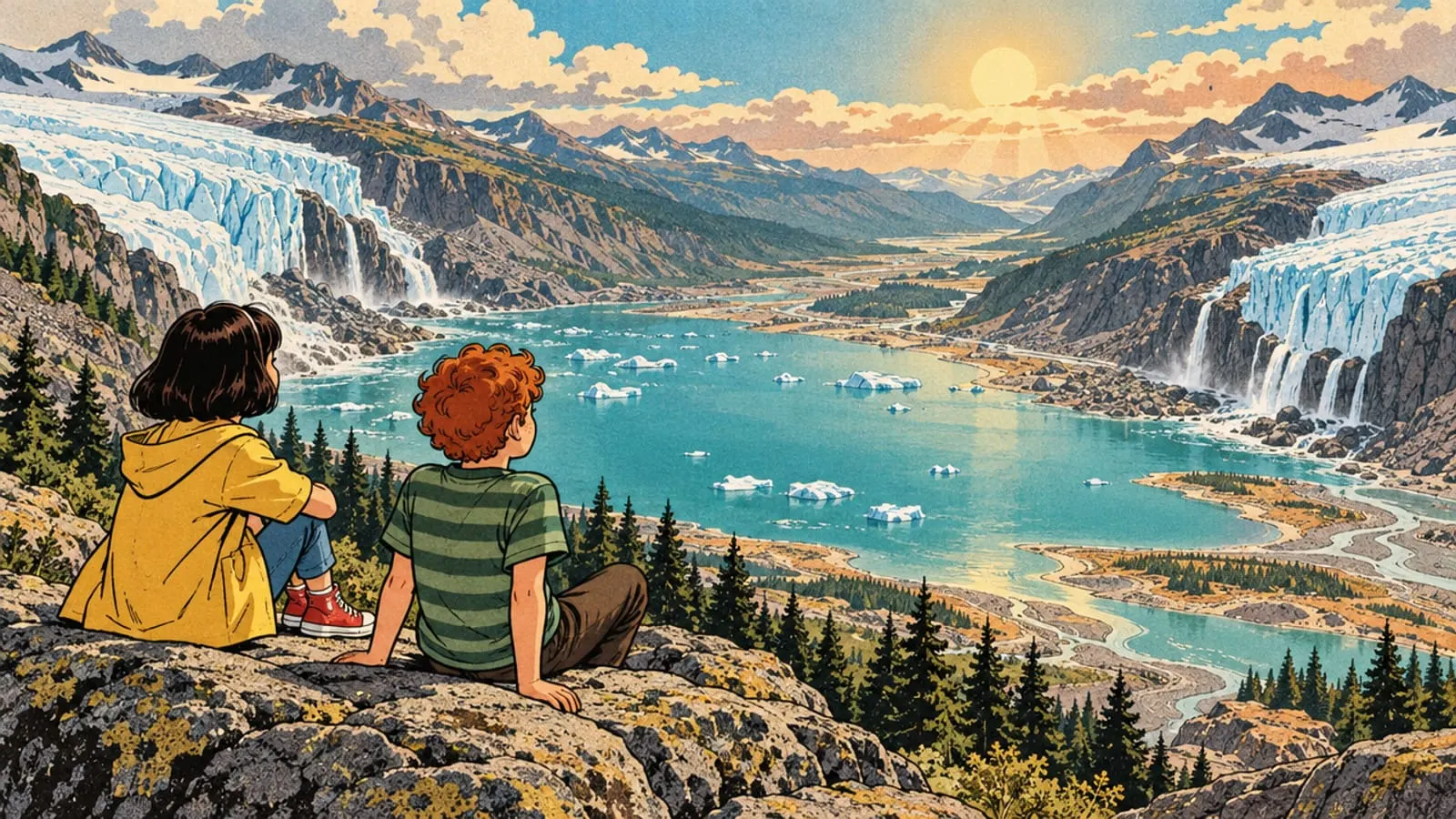 Illustration : Lou et Malo regardent deux glaciers fondre aux deux bouts d’une vallée qui se remplit d’eau turquoise.