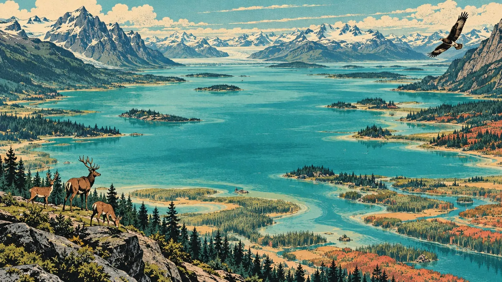 Illustration : un immense lac sauvage s’étale dans la vallée, sans ville ni route, un cerf sur la rive.