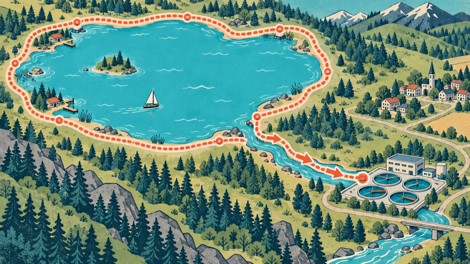 Illustration : vu d’en haut, un tuyau fait le tour du lac et emmène l’eau sale vers une station d’épuration.