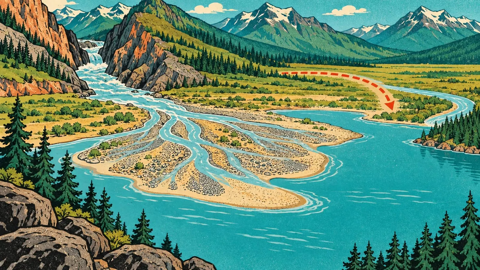 Illustration : une rivière sort d’une gorge et dépose un delta de cailloux dans le lac, une flèche montre qu’elle changera de route.