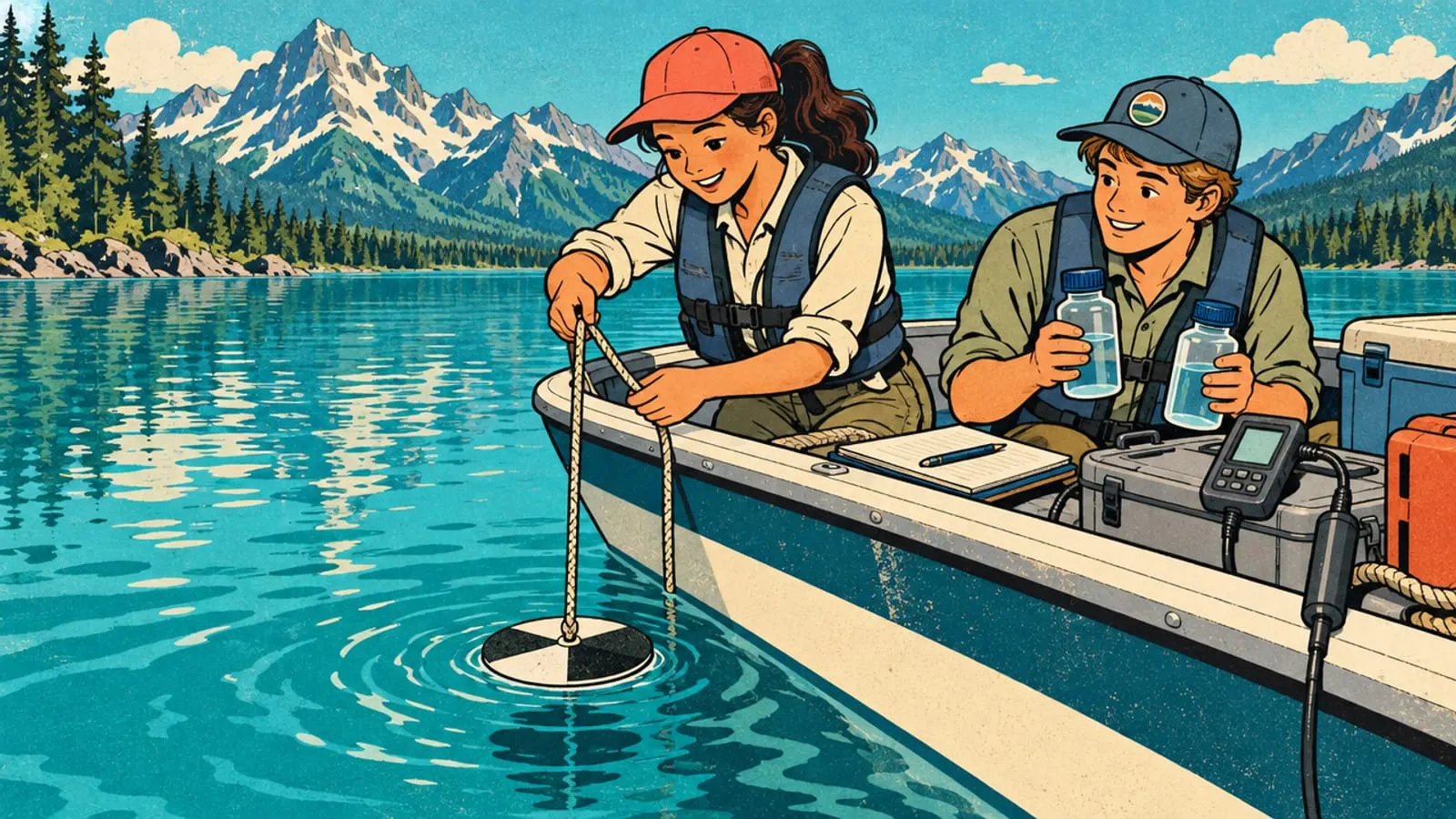 Illustration : sur un bateau, des scientifiques plongent un disque blanc et noir dans l’eau et remplissent des flacons.