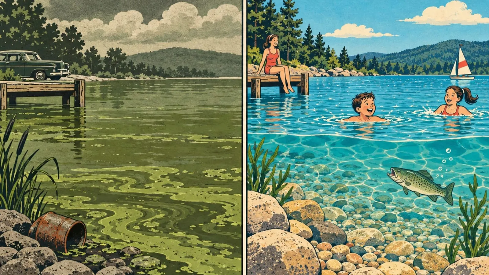 Illustration : à gauche un lac vert et trouble, à droite le même lac limpide avec des baigneurs.