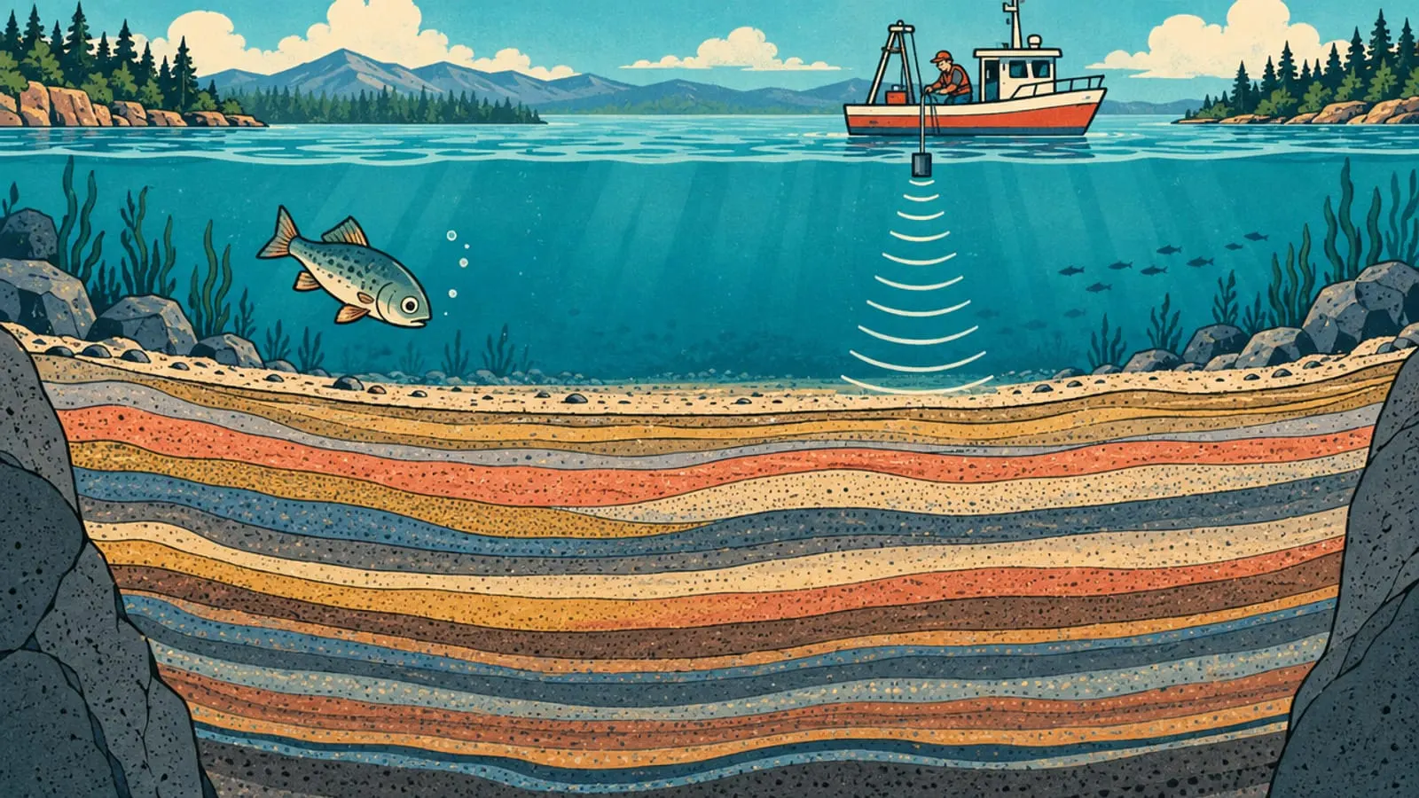 Illustration : vue en coupe du fond d’un lac en couches colorées, un bateau scientifique envoie des ondes.