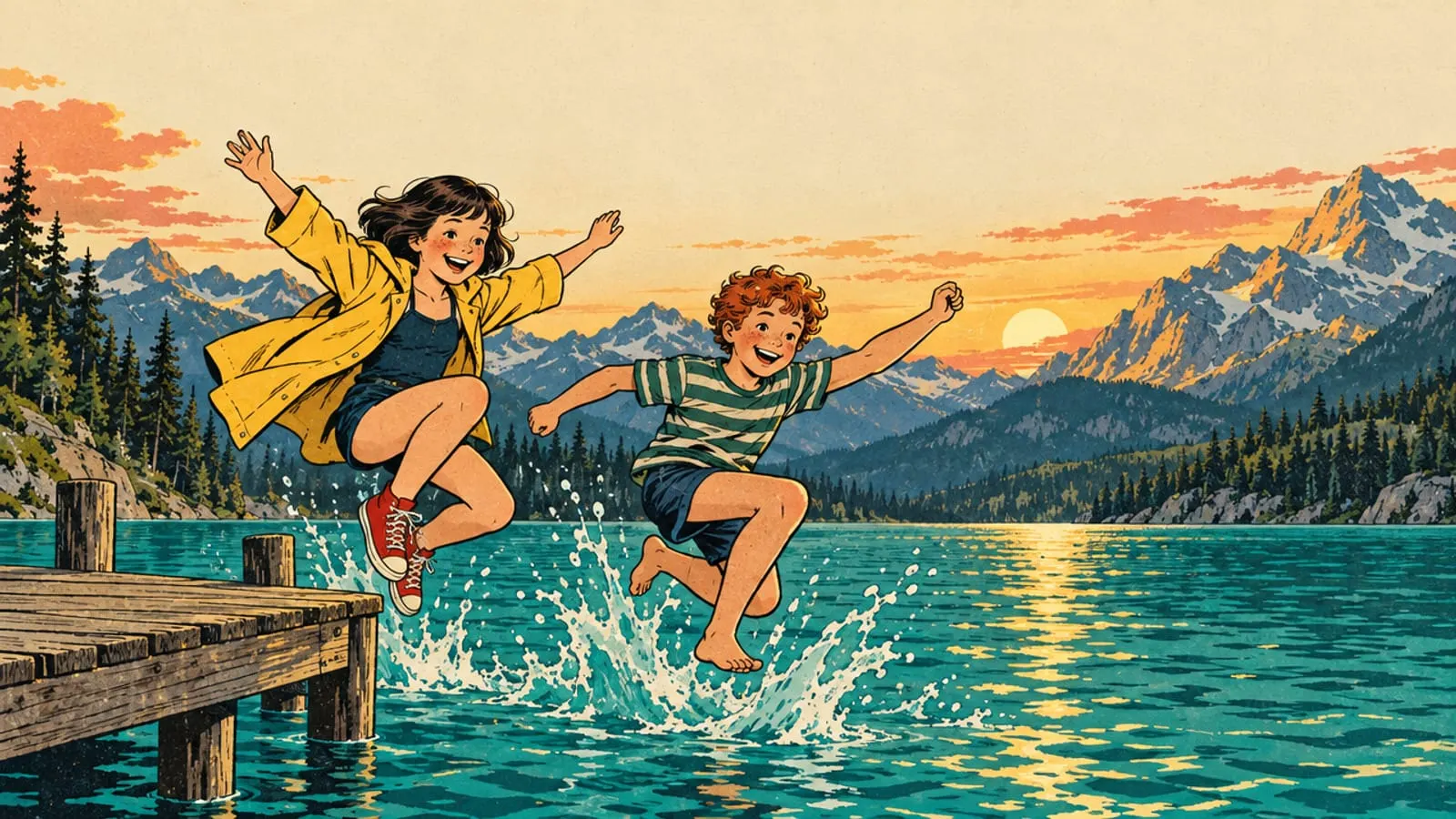 Illustration : Lou et Malo sautent en riant d’un ponton dans le lac, au coucher du soleil.