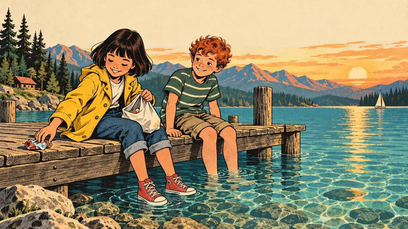 Illustration : Lou et Malo, les pieds dans l’eau claire, ramassent un déchet sur le ponton.