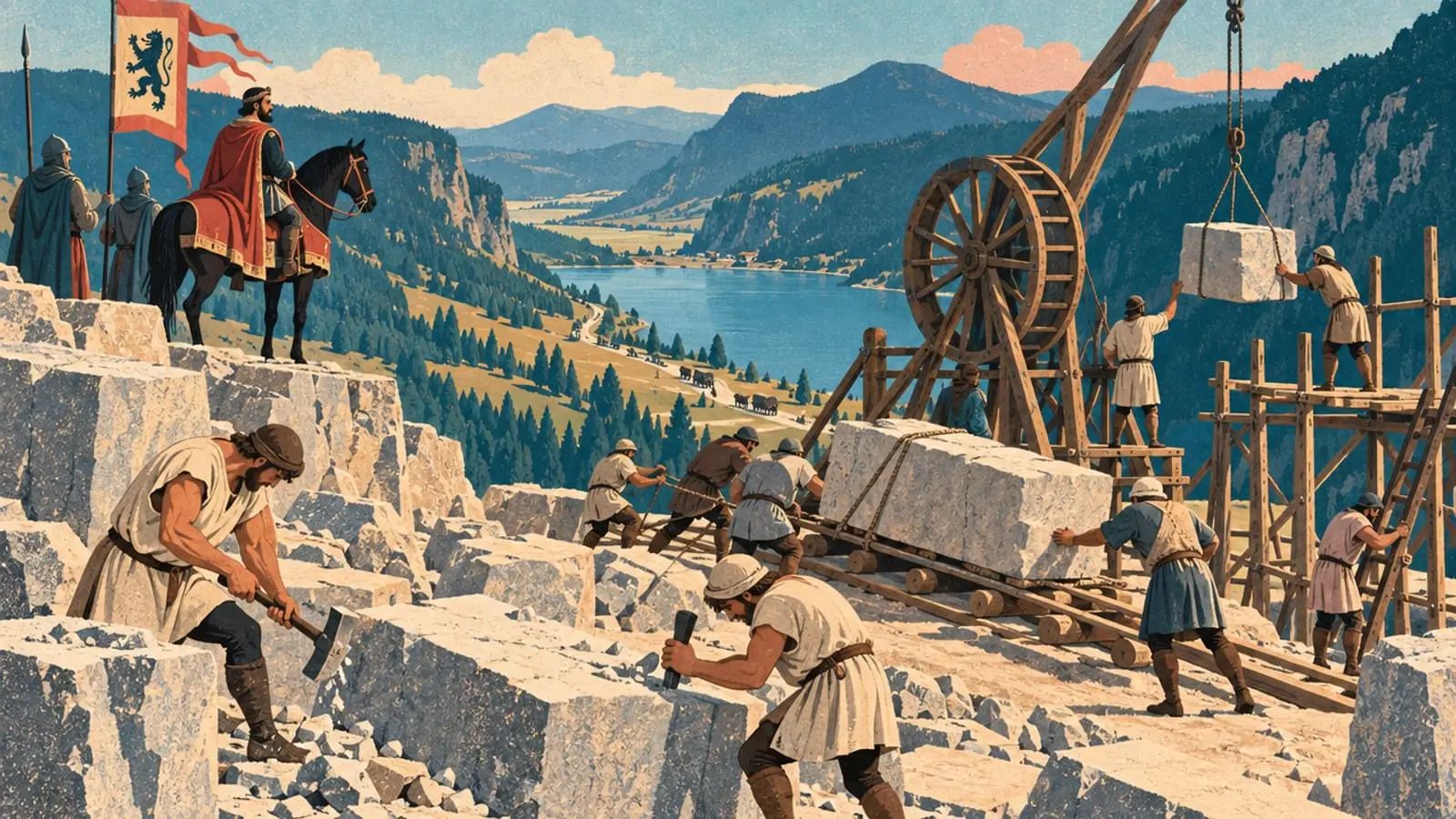 Illustration : au Moyen Âge, des maçons taillent la pierre sur un éperon rocheux sous le regard d’un comte à cheval.