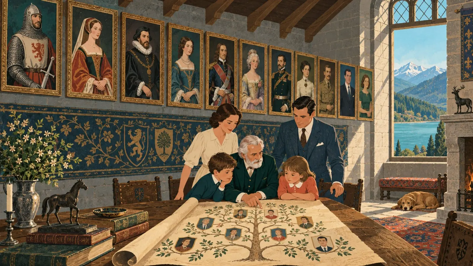 Illustration : une famille penchée sur un arbre généalogique, sous une galerie de portraits d’ancêtres.