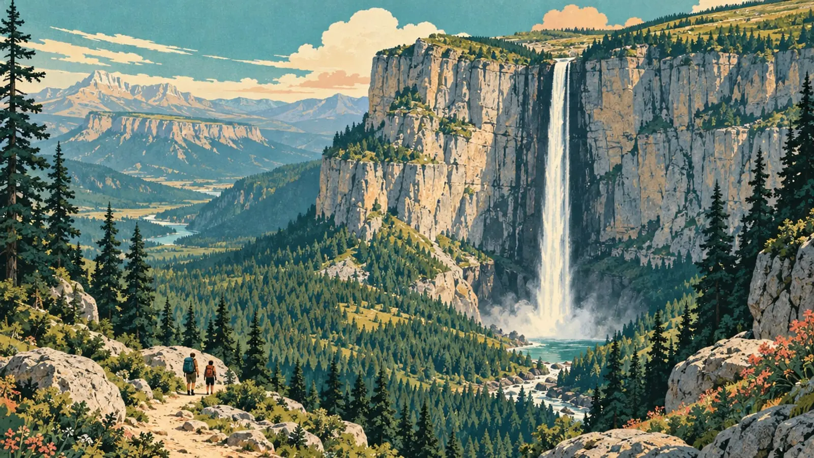 Illustration : une haute cascade tombe d’une falaise calcaire dans un cirque boisé, un sentier mène à son pied.
