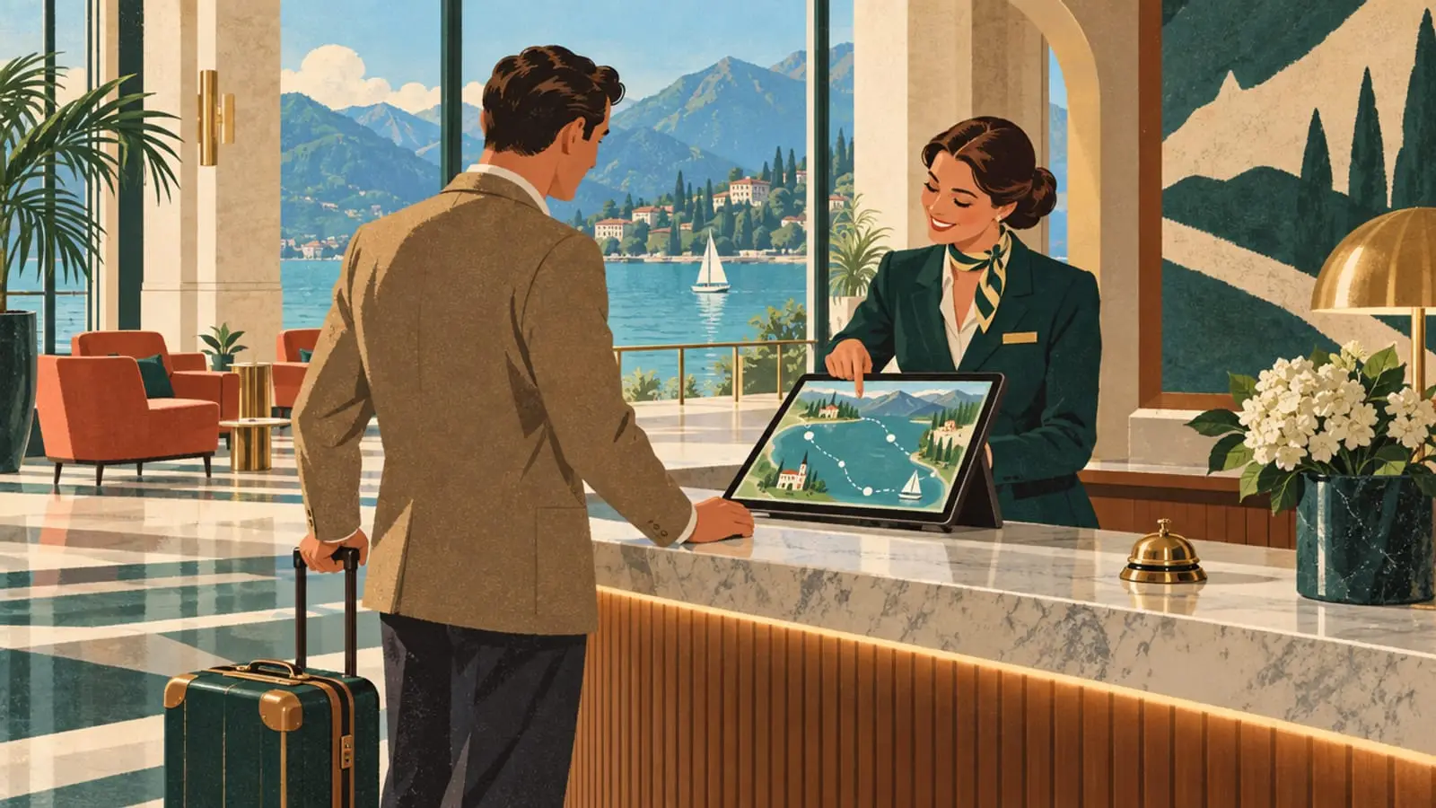 Illustration : un voyageur au comptoir d’une conciergerie, une tablette affiche la carte d’un lac.