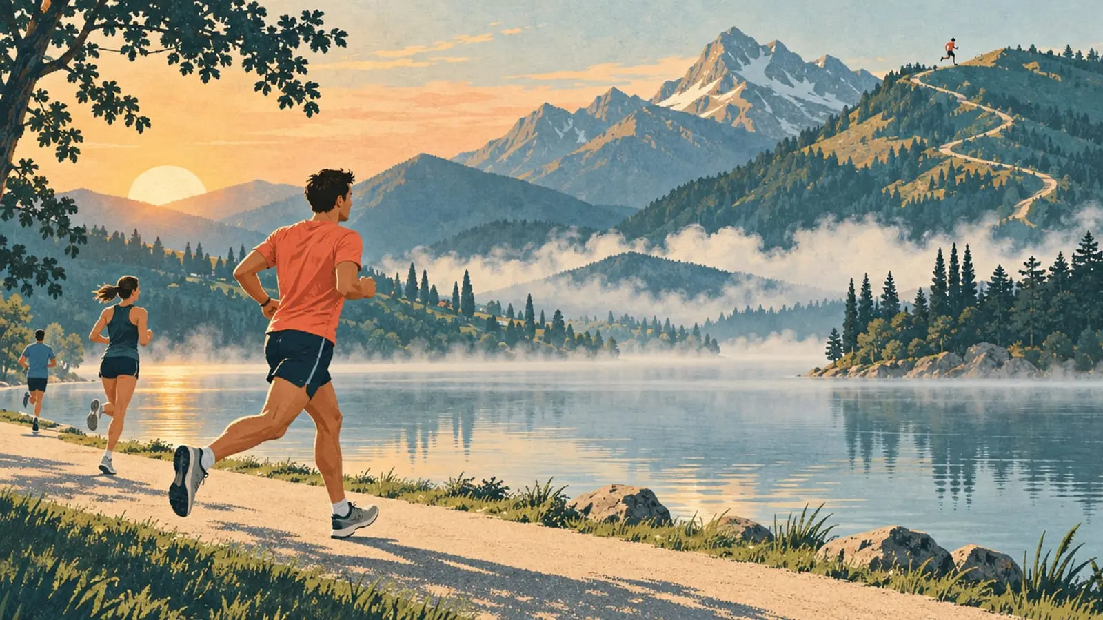 Illustration : des coureurs au lever du soleil sur un chemin plat au bord du lac, un traileur sur la crête au loin.
