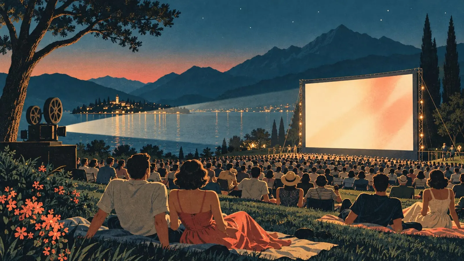 Illustration : un écran de cinéma en plein air au bord du lac, la foule assise sur des couvertures à la nuit tombée.