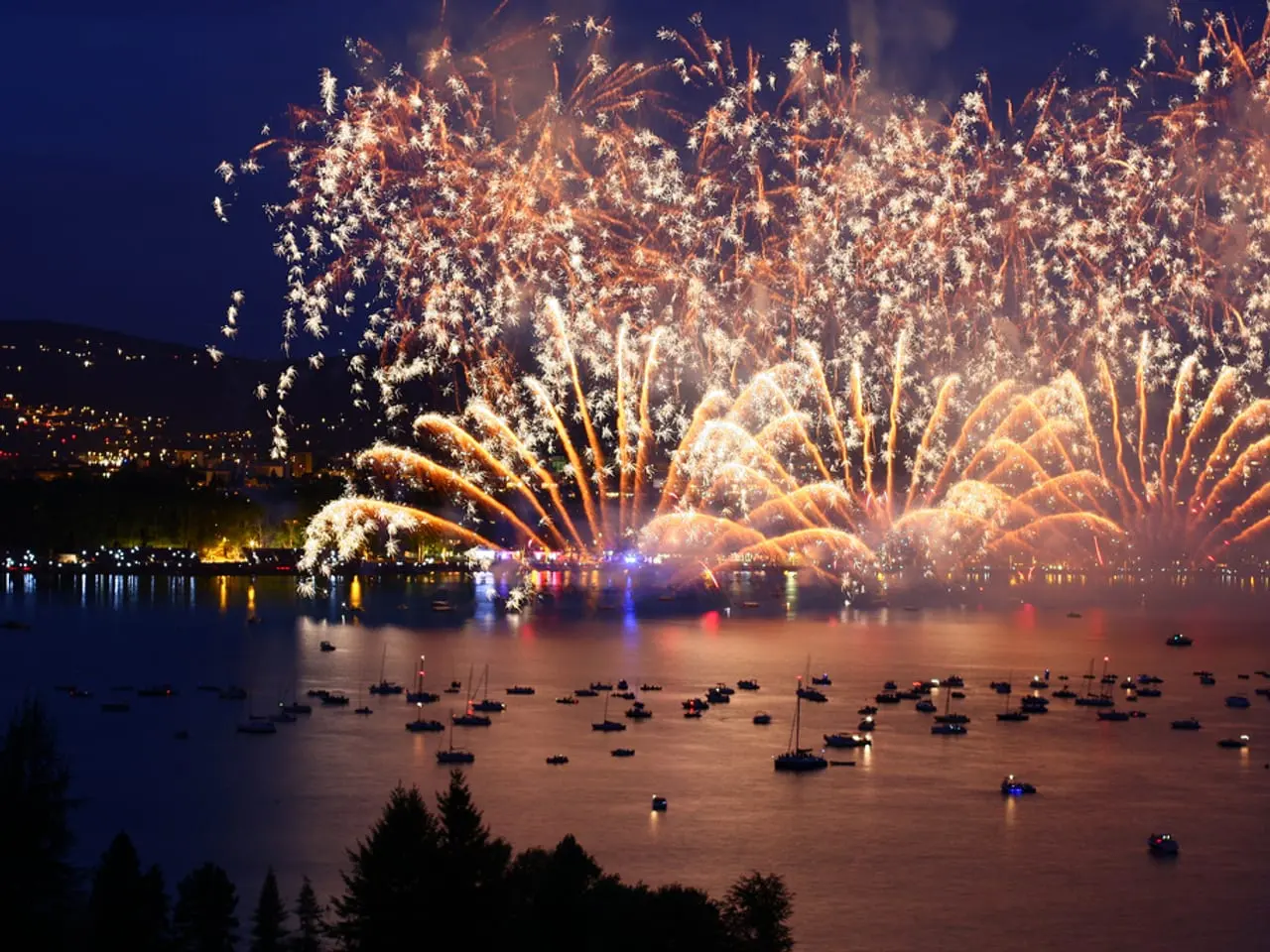 The Fête du lac fireworks above the bay, seen from a wooded height, with dozens of boats moored on the water.
