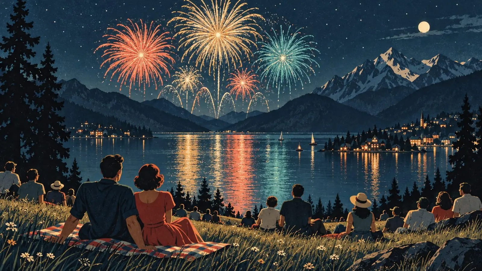 Illustration : un feu d’artifice au-dessus du lac, vu d’une colline où des spectateurs sont assis dans l’herbe.