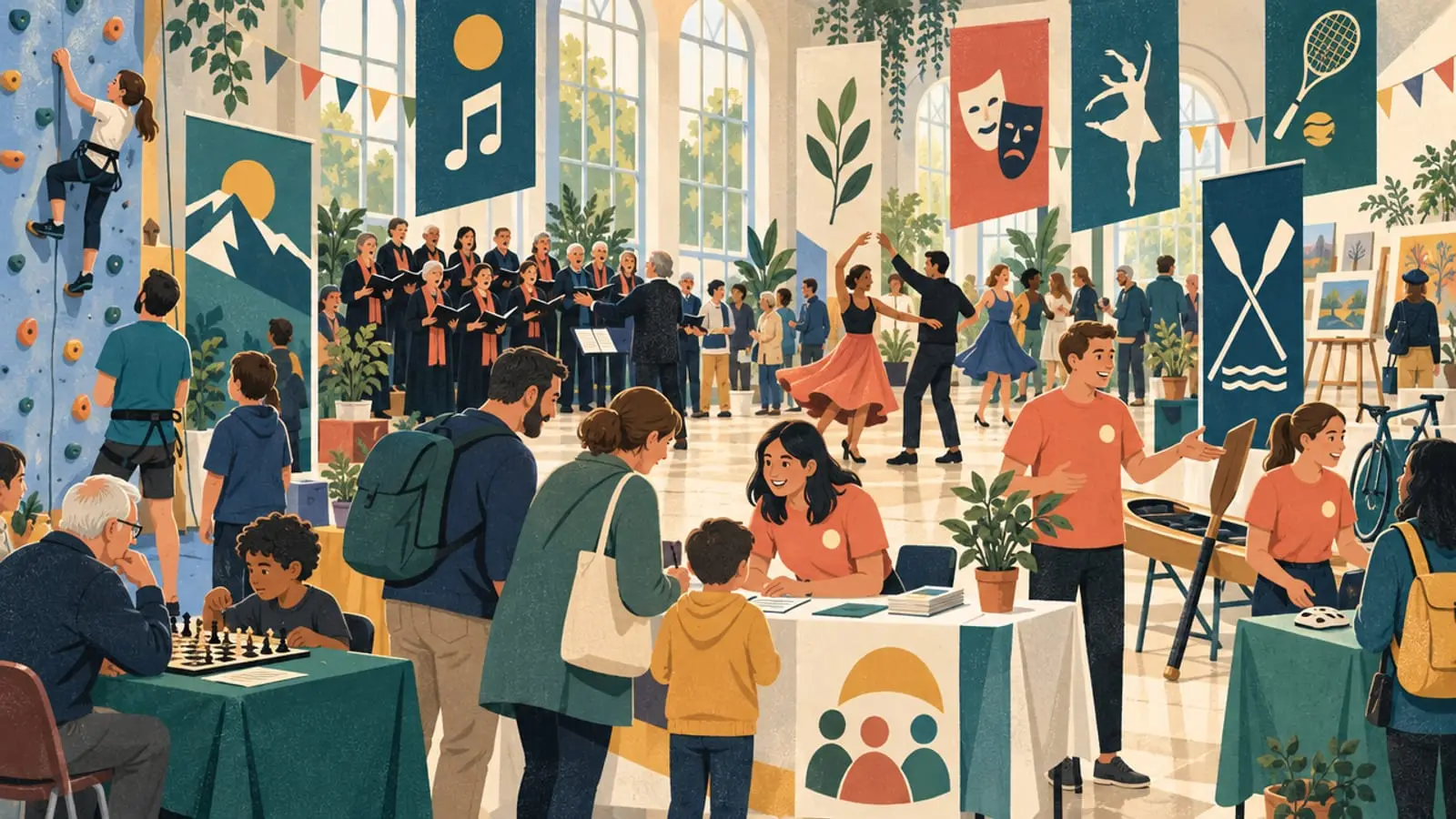 Illustration : une grande salle animée de stands associatifs, mur d’escalade, chorale, danse et échecs.