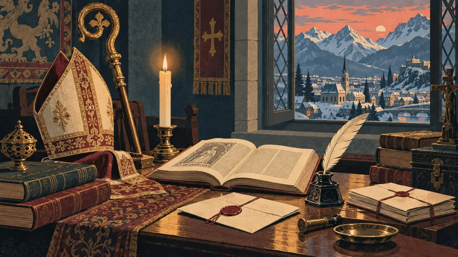 Illustration : un bureau d’évêque du XVIIᵉ siècle à la bougie, plume, lettres scellées et mitre, devant les montagnes.