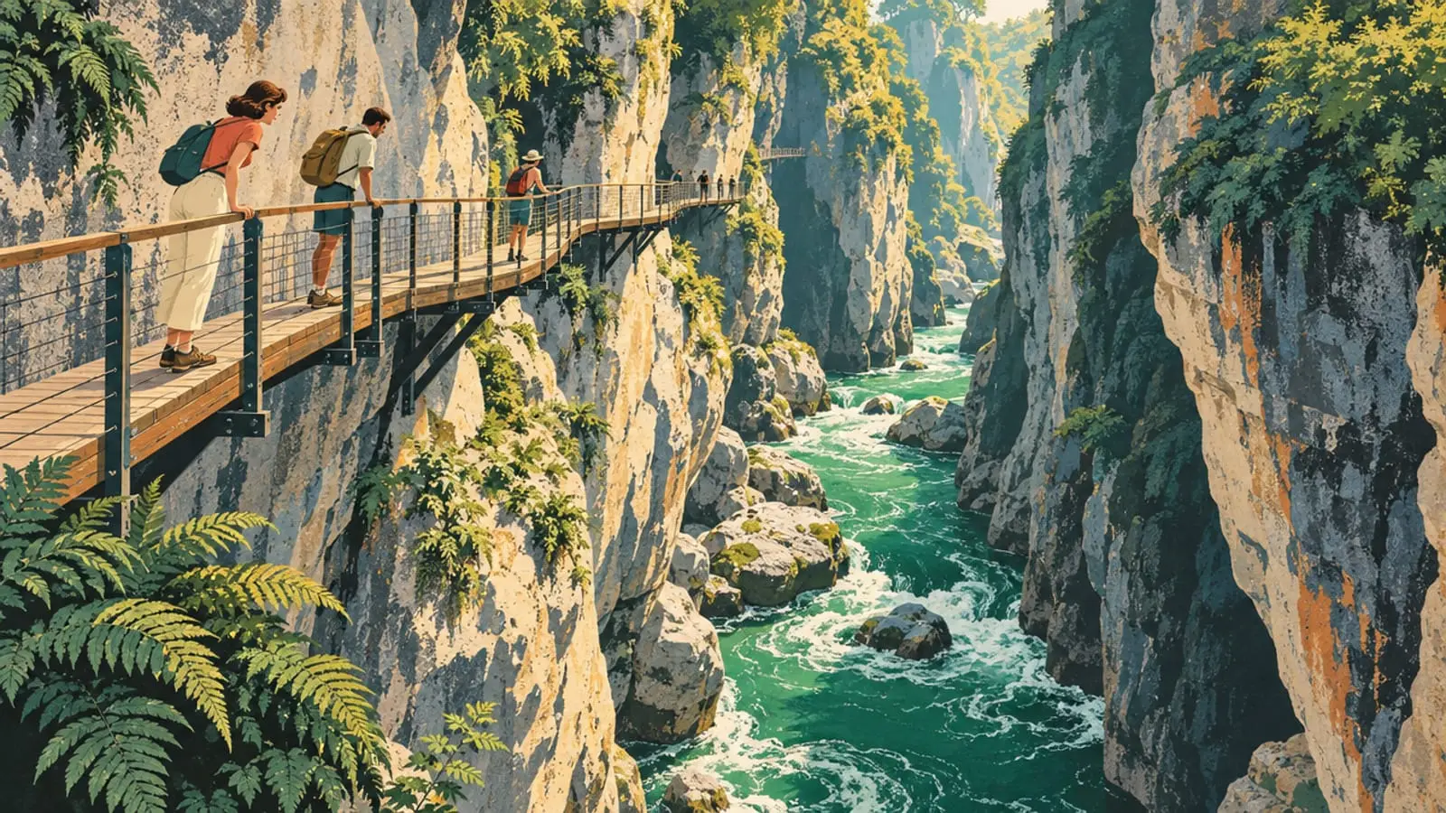 Illustration : une passerelle accrochée à la falaise au-dessus d’une rivière verte, au fond d’une gorge étroite.