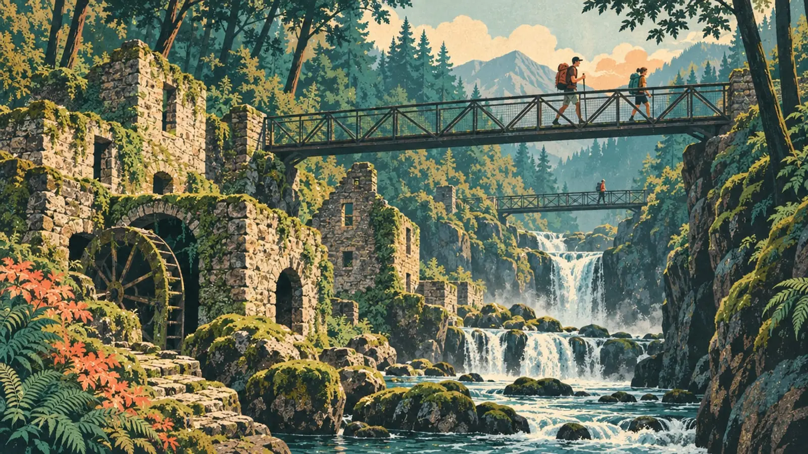 Illustration : des passerelles suspendues au-dessus d’une gorge boisée, ruines de moulins et cascade en gradins.