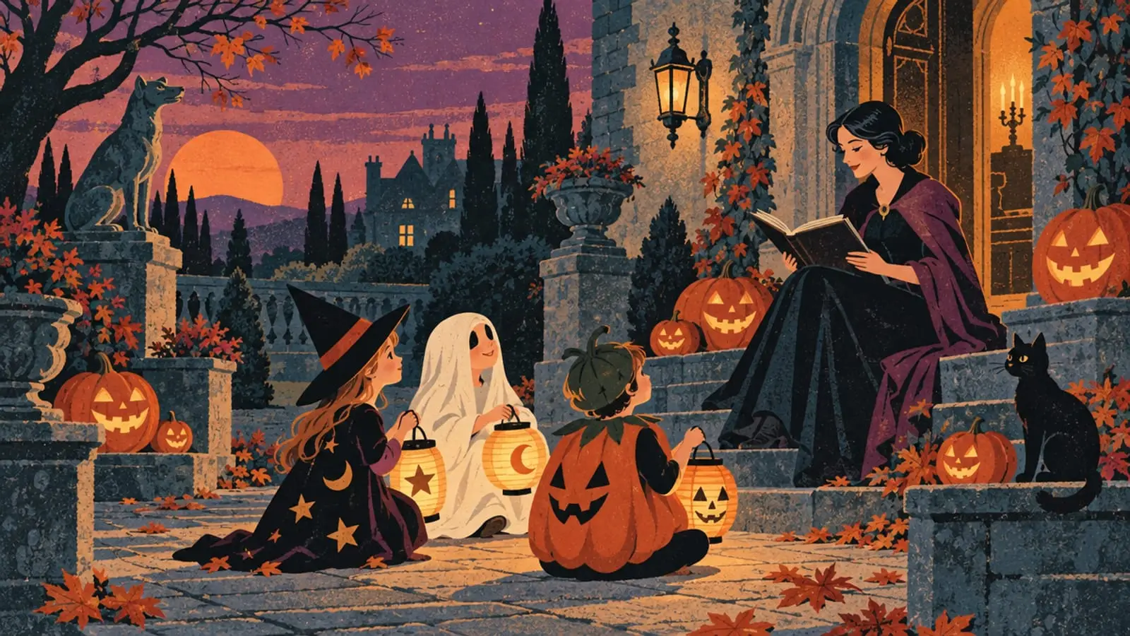 Illustration : des enfants déguisés écoutent une conteuse devant un vieux manoir orné de citrouilles.