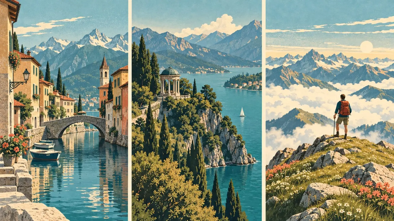 Illustration en trois volets : un canal de vieille ville, un belvédère boisé sur le lac, un randonneur au sommet.