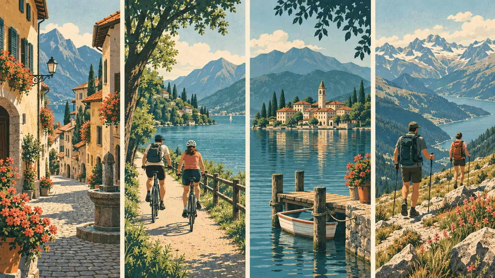Illustration en quatre volets : une ruelle fleurie, des cyclistes au bord du lac, un ponton de village, une crête.