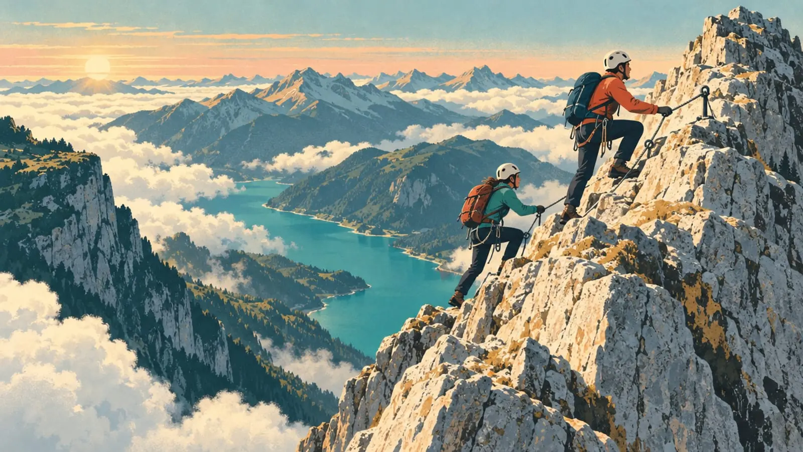 Illustration : deux alpinistes casqués franchissent le passage câblé d’un sommet rocheux au-dessus d’une mer de nuages.