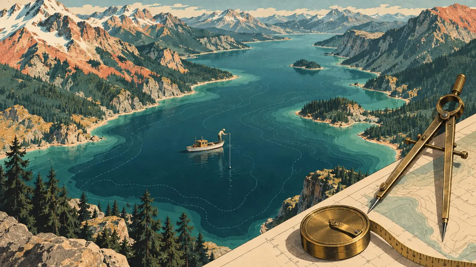 Illustration : un lac vu d’en haut comme une carte ancienne, un compas et un mètre de géomètre posés au bord.