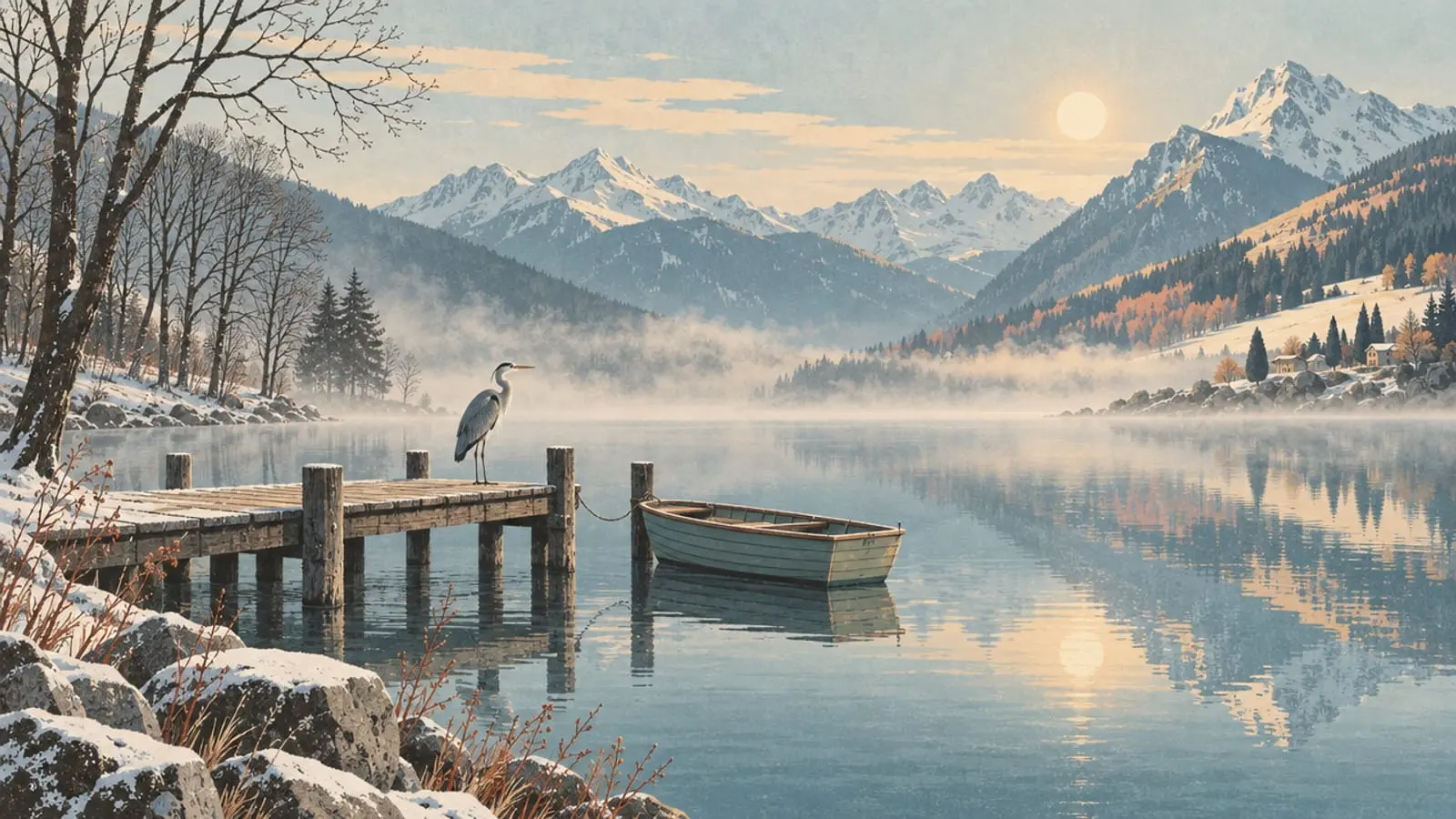 Illustration : un ponton désert, un héron et une barque sur un lac brumeux, sous les premières neiges.